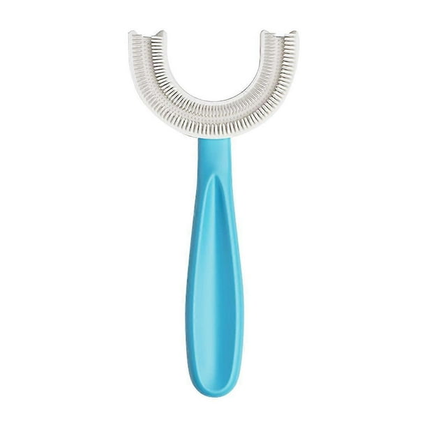 Blue U-shaped toothbrush for children aged 6-12 years, food-grade soft silicone brush head, 360 oral teeth cleaning design, suitable for toddlers and