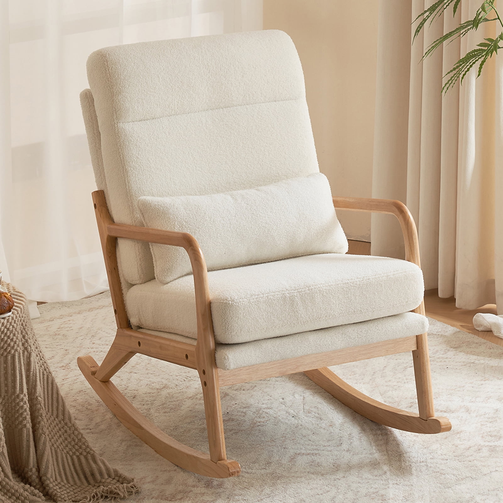 UWR-Nite Rocking Chair Nursery, 25.2" High Backrest Mid-Century Rocking Chair with Wooden Armrest Upholstered Glider Rocker with Free Lumbar Pillow for Living Room