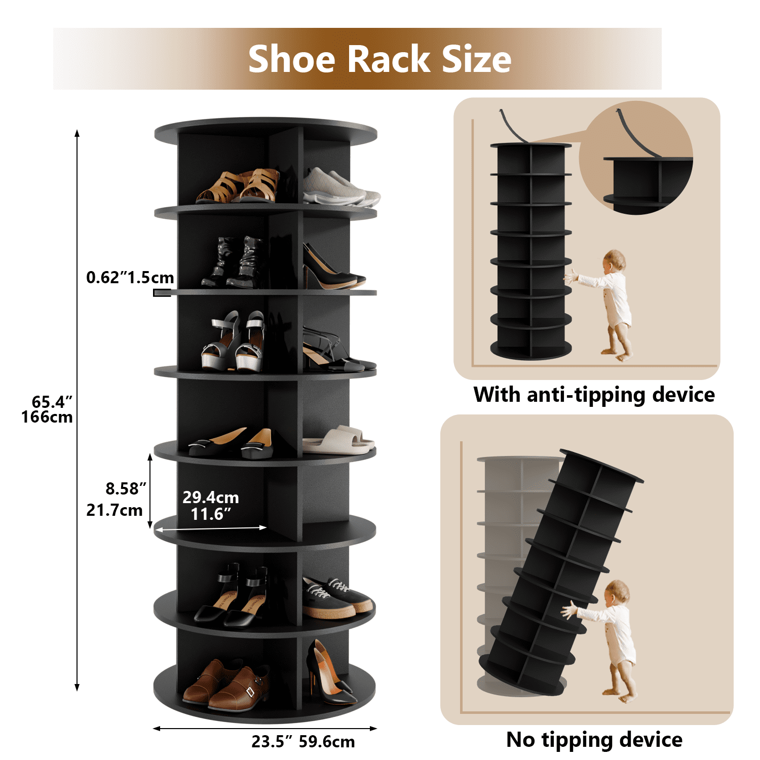 Waleaf 7 Tier Rotating Shoe Rack Tower, 360° Spinning Shoe Display Lazy Susan, Free Standing Shoe Organizer, Black