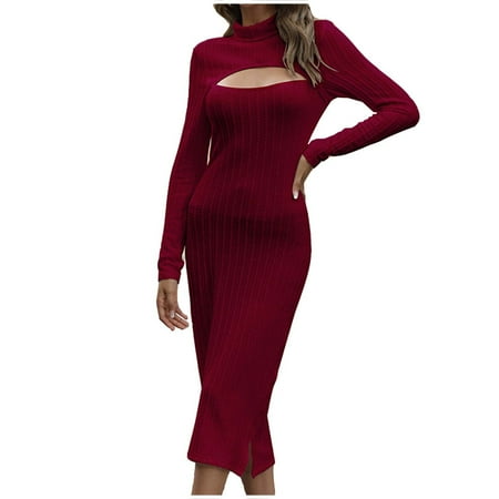 

Womens 2023 Mock Neck Cut Out Long Sleeve Spring Corset Dress Slit Hem Knitted Slimming Office Business Long Dress