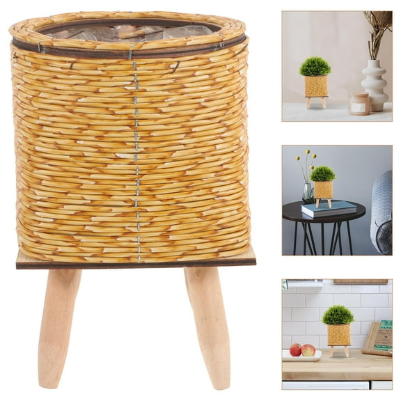 AURARMLET Indoor Wooden Plant Stand with Handwoven Light Brown Flower Basket for Living Room Decor
