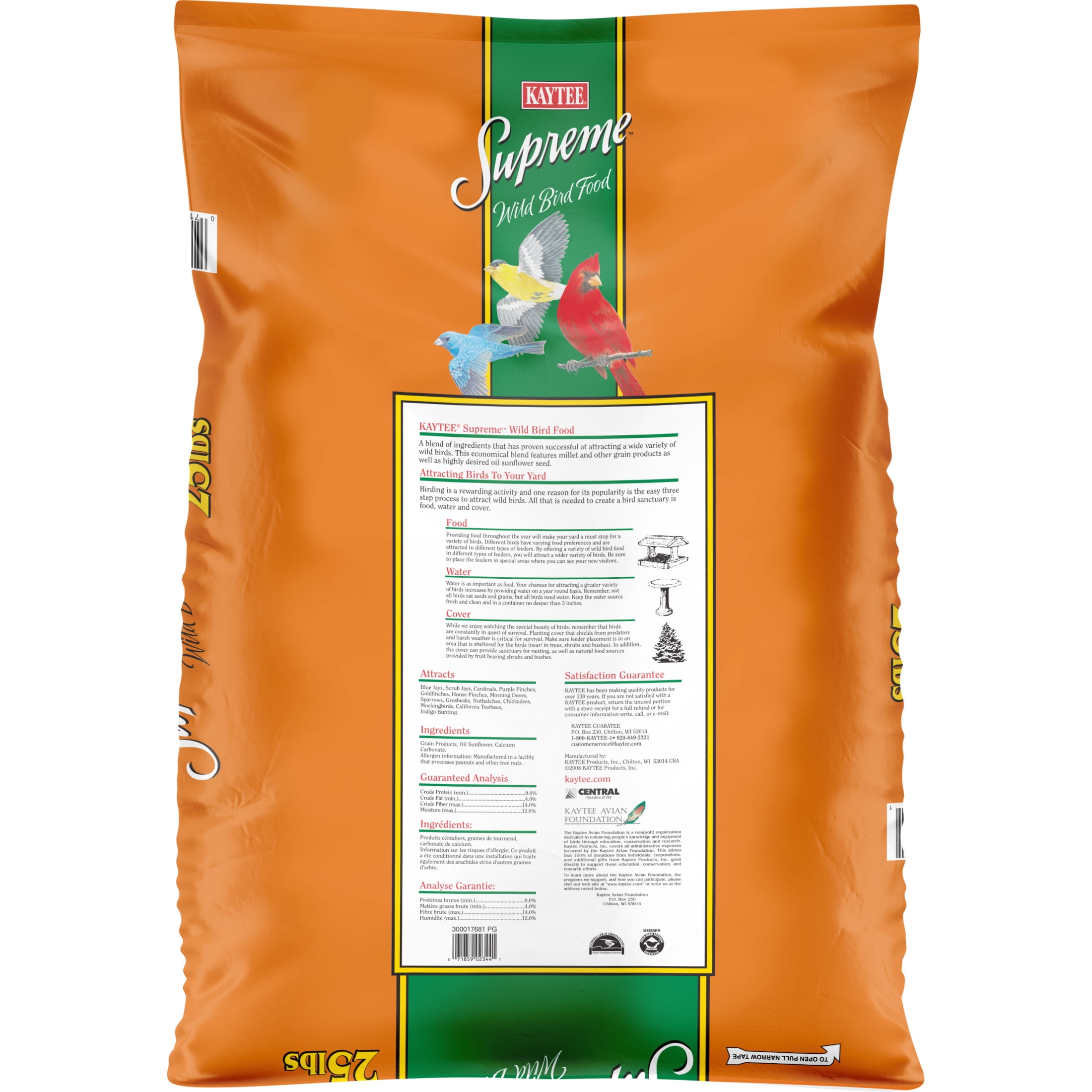 Kaytee Supreme  Dry Wild Bird Feed and Seed, Millet Free Blend, 25 lb. Bag, 1 pack