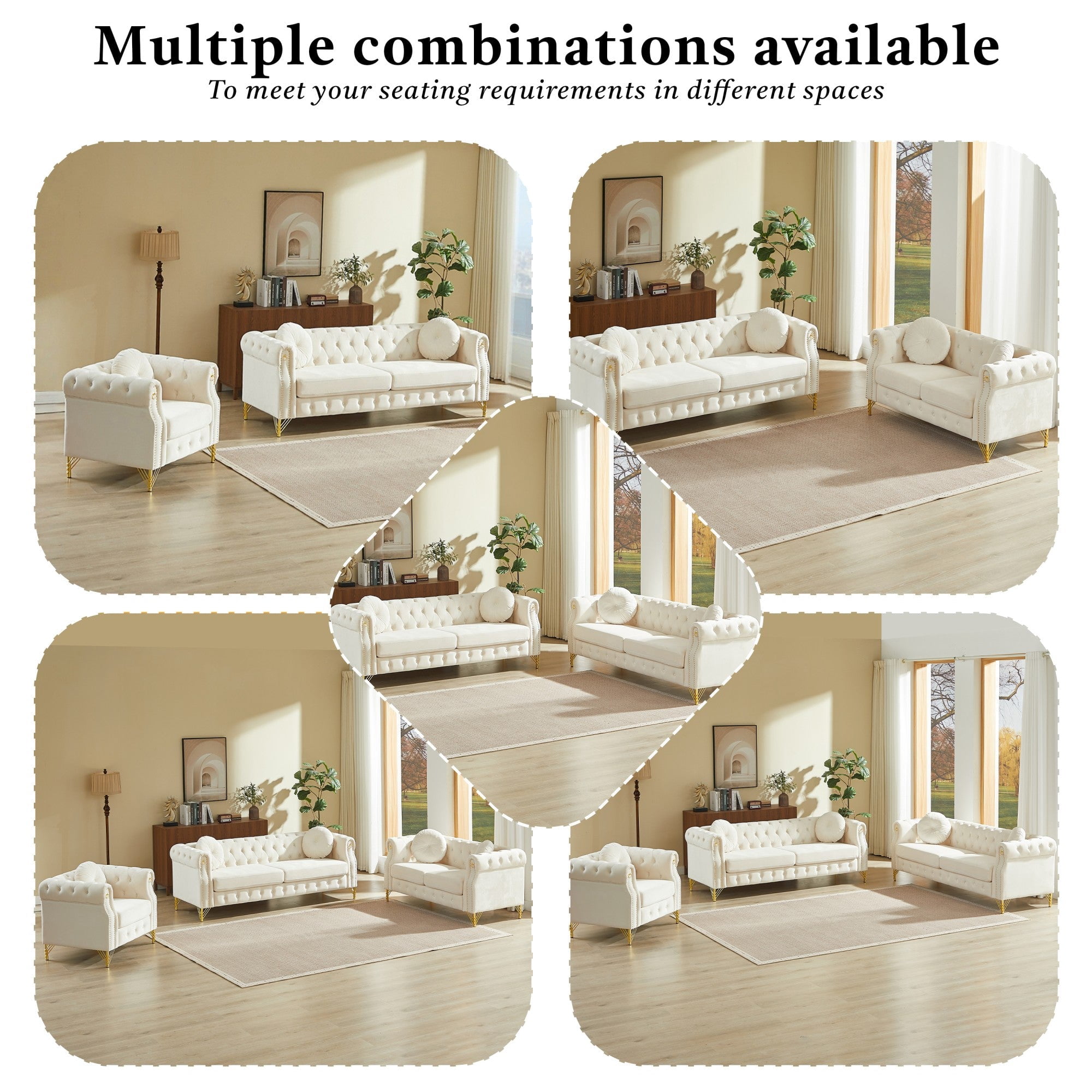 Sailvan 60.5" Velvet Chesterfield Loveseat, 2-Seater Tufted Sofa with Nailhead Trim, Gold Metal Legs & 2 Round Pillows for Living Room Beige