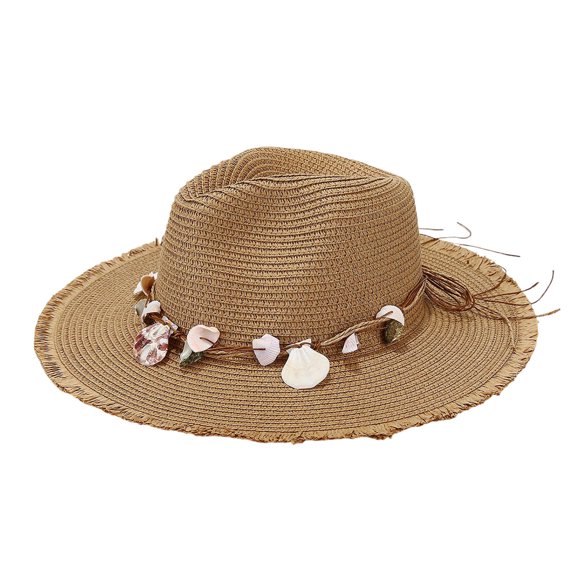 Women’s Straw Sun Hat Frayed Brim With Shell Band Bohemian Style Beach Outdoor Hat