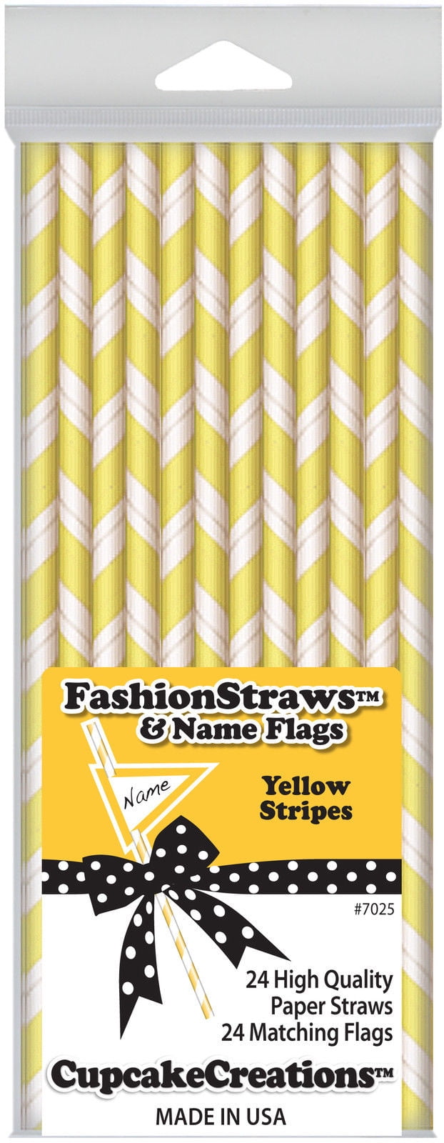 7025 24 Pk Cupcake Creations Fashion Straws & Name Flags Yellow Stripes 