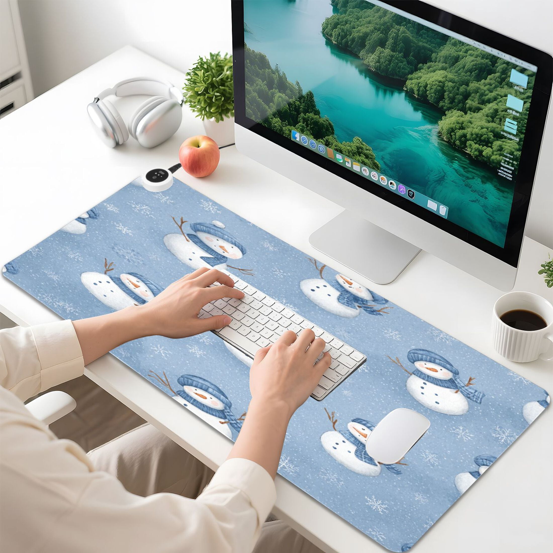 Large Heated Desk Mat Mouse Pad 31.5"x13"PU Leather Graphene Heating Desk Warmer with 3 Temperature Settings 110V US Plug Non-Slip Warm Pad for Home, Office, and Gaming Cute Branch Snowman Pattern