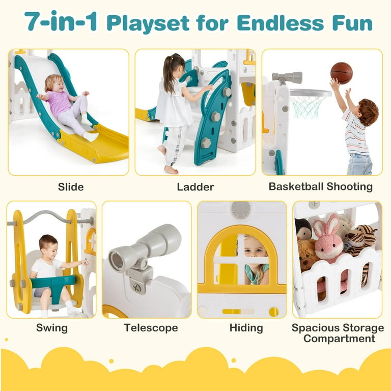 【KIDS用】JOYNT CLOVER KID'S WHITE 7.0\" Costway 7-in-1 Toddler Slide & Swing Set Indoor Playground for