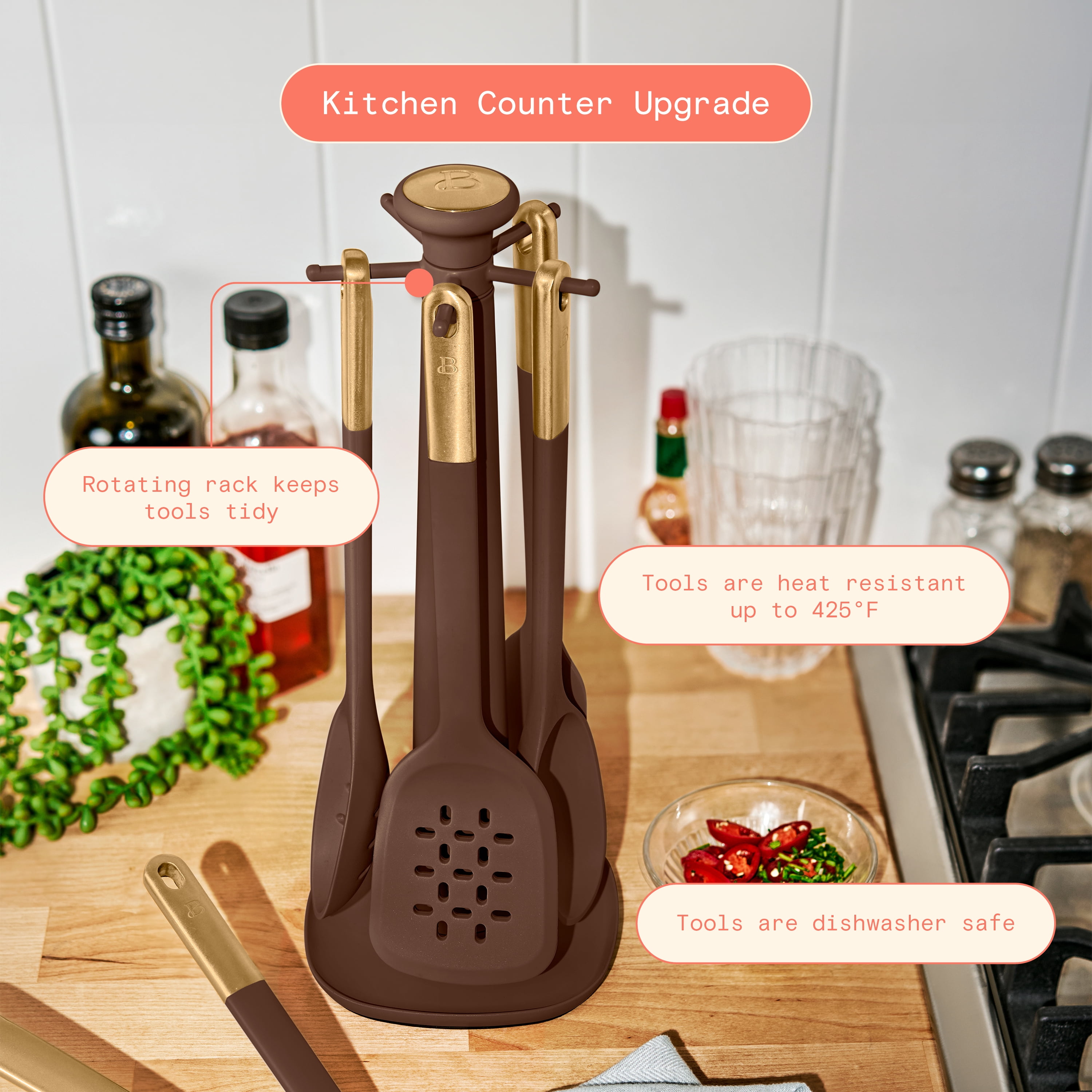 Beautiful 6-Piece Silicone Kitchen Utensil Tool Set with Rotating Rack, Chocolate by Drew Barrymore