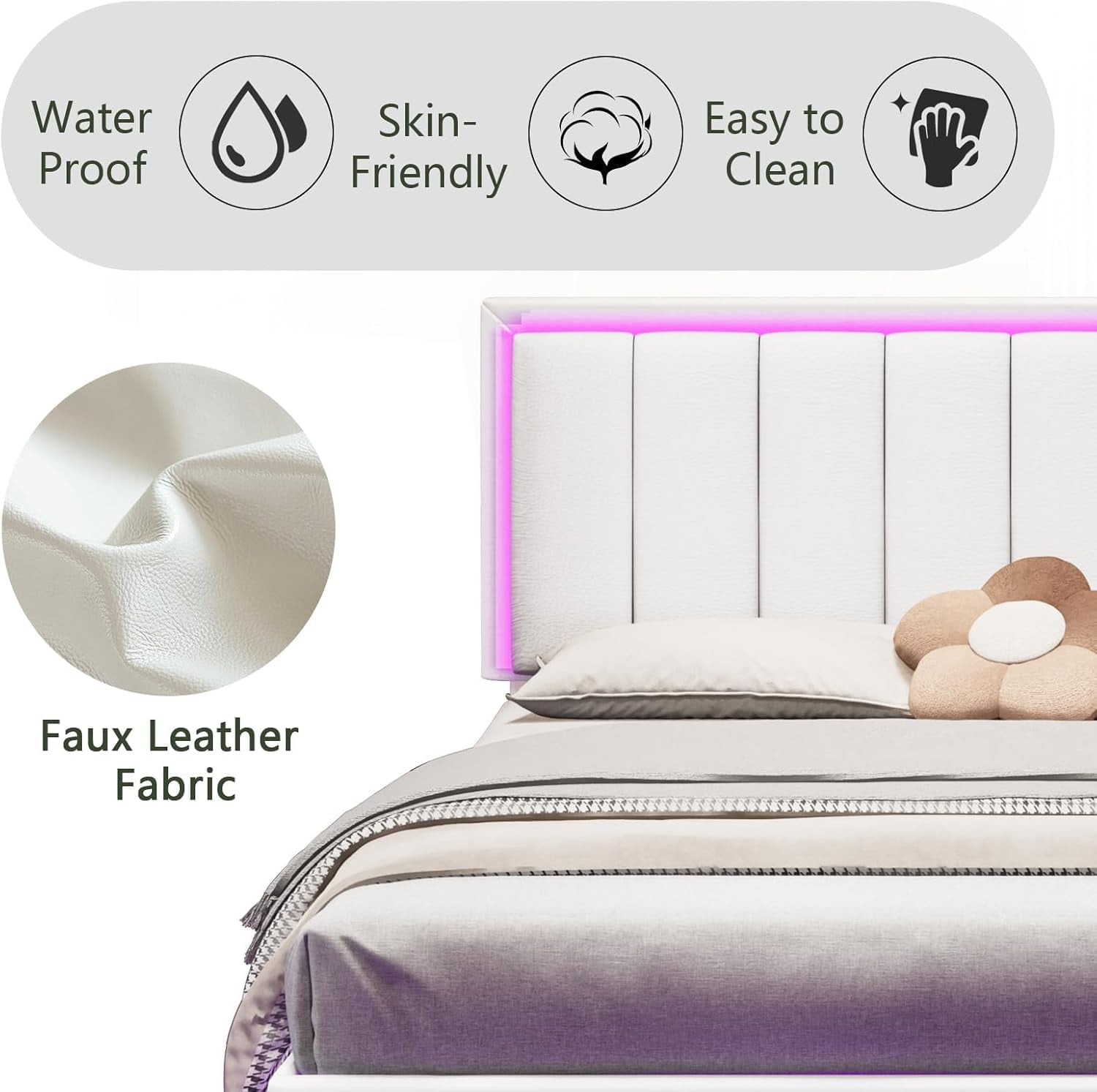 4 EVER WINNER Full Size LED Bed Frame, Full Floating Bed Frame with LED Light, White Bed Frame with Headboard, White