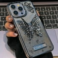 thumbnail image 3 of Butterfly Phone Case Compatible with iPhone 15 Pro, Luxury Glitter Cute 3D Hollow Clear Black Electroplate Butterfly Phone Cover with Hold Stand, 3 of 11