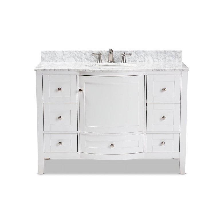 Baxton Studio Nicole 48 Inch Transitional White Finished Wood and Marble Single Sink Bathroom Vanity