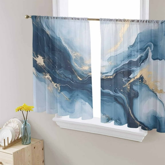 Navy Blue Marble Sheer Curtains 54 Inches Length 2 Panels Set, Window Sheer Curtains for Living Room/Bedroom, Modern Abstract Ink Painting Light Filtering Rod Pocket Curtain 52'' x 54'' x 2