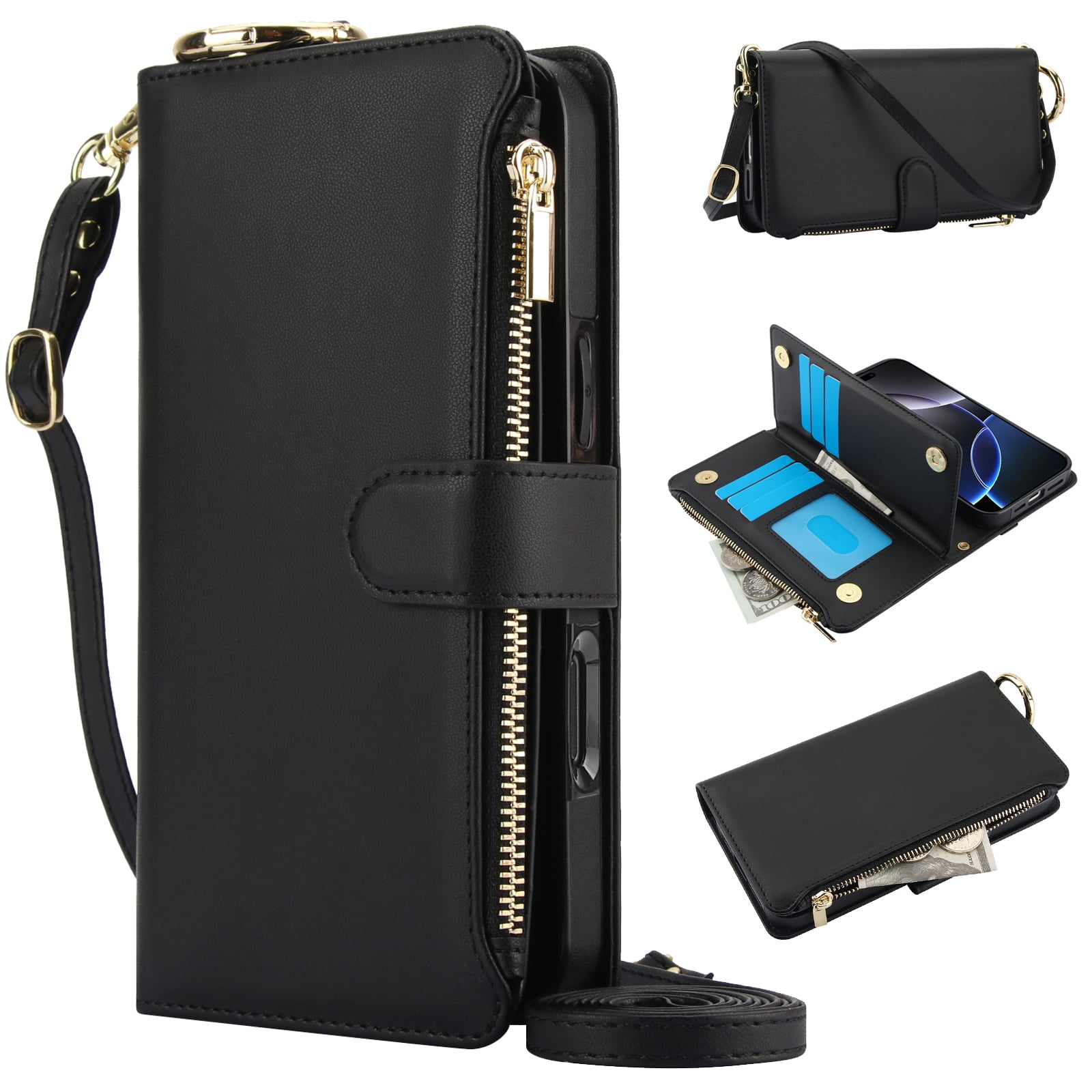 Dteck Wallet Bag Case for iPhone 7 / 8 / SE 2022 & 2020,Magnetic Leather Wallet Case with RFID Blocking Card Holder Multi-Function Stylish Ring Zipper Purse Cover with Shoulder Strap/Wrist Strap,Black