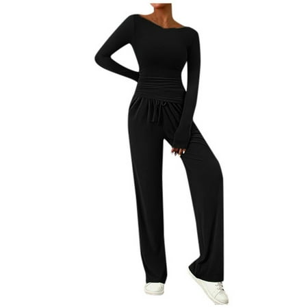 Chuancc Pajamas For Women Set Women S Sleep & Lounge Women s 2 Piece Sets Asymmetrical Long Sleeve T Shirt Wide Leg Pants Casual Outfits Tracksuit Two Piece Pajama Set For Women Black L Clearance