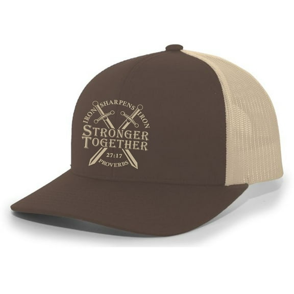 Christian Stronger Together Nails Iron Sharpens Iron Proverbs 27:17 Mens Embroidered Mesh Back Trucker Hat, Brown/Khaki