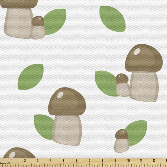Forest Upholstery Fabric by the Yard, Cartoon Drawing of Simple Abstract Mushrooms Leaves on Plain Backdrop, Decorative Fabric for DIY and Home Accents, White Reseda Green Camel by Ambesonne