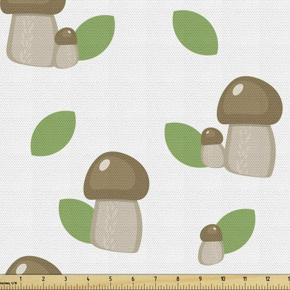 Forest Upholstery Fabric by the Yard, Cartoon Drawing of Simple Abstract Mushrooms Leaves on Plain Backdrop, Decorative Fabric for DIY and Home Accents, White Reseda Green Camel by Ambesonne