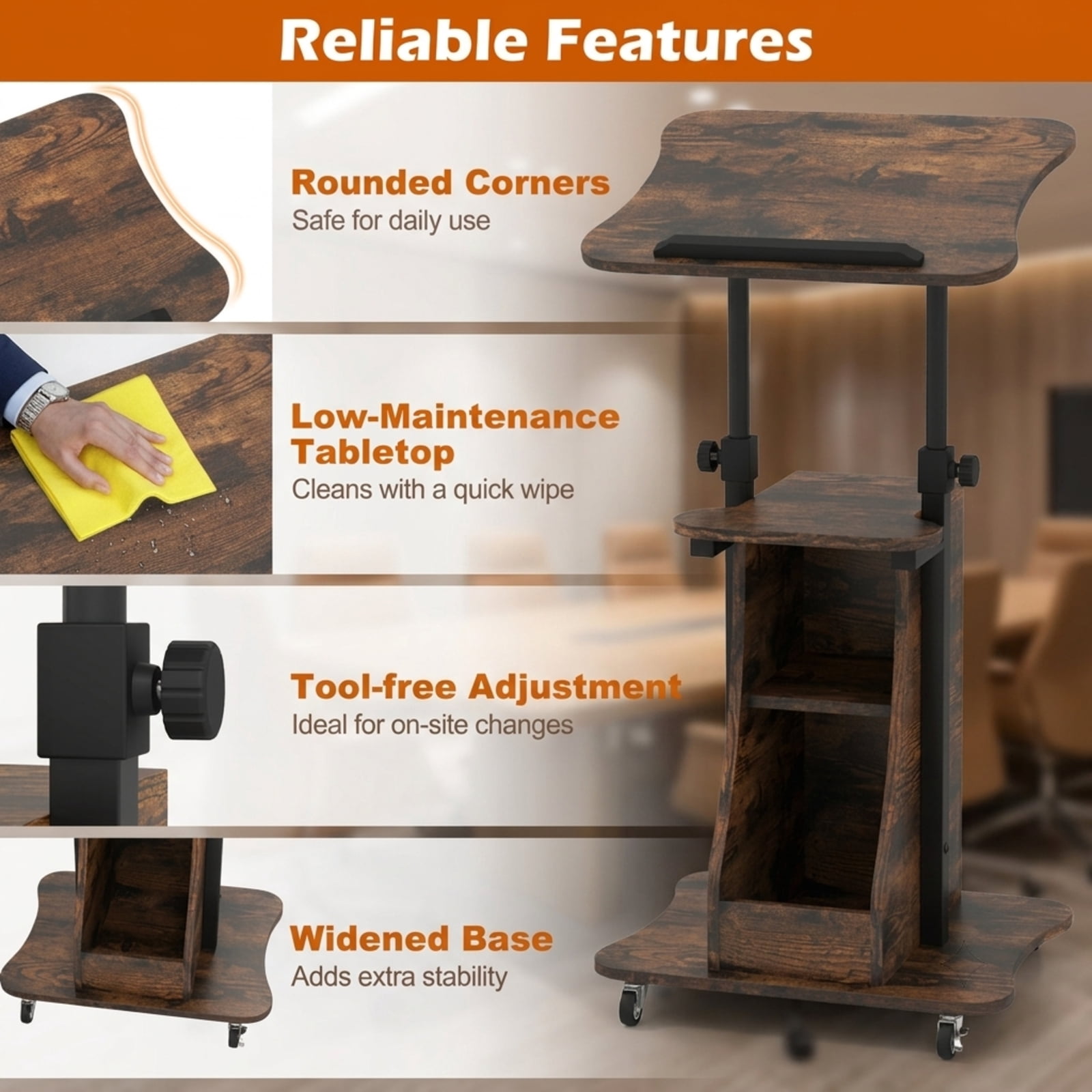 Furnibear Mobile Podium Stand Height Adjustable Laptop Cart with Tilting Tabletop Rolling Wheels and Storage Compartments for Classroom, Rustic Brown
