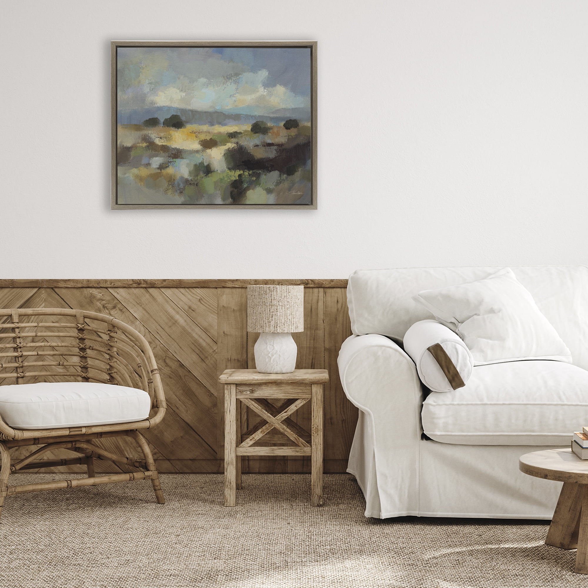 Stupell Industries Muted Blue Landscape with Clouds Brown Framed Floater Canvas Wall Art, design by Silvia Vassileva