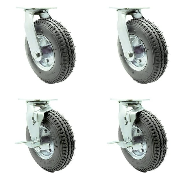 Service Caster Marque - Ensemble de 4 Roulettes Pneumatiques de 8 Pouces - Roues en Caoutchouc Grises - Comprend 2 Pivots avec Freins et 2 Pivots - Robuste - Capacité Totale de 1 200 Lb