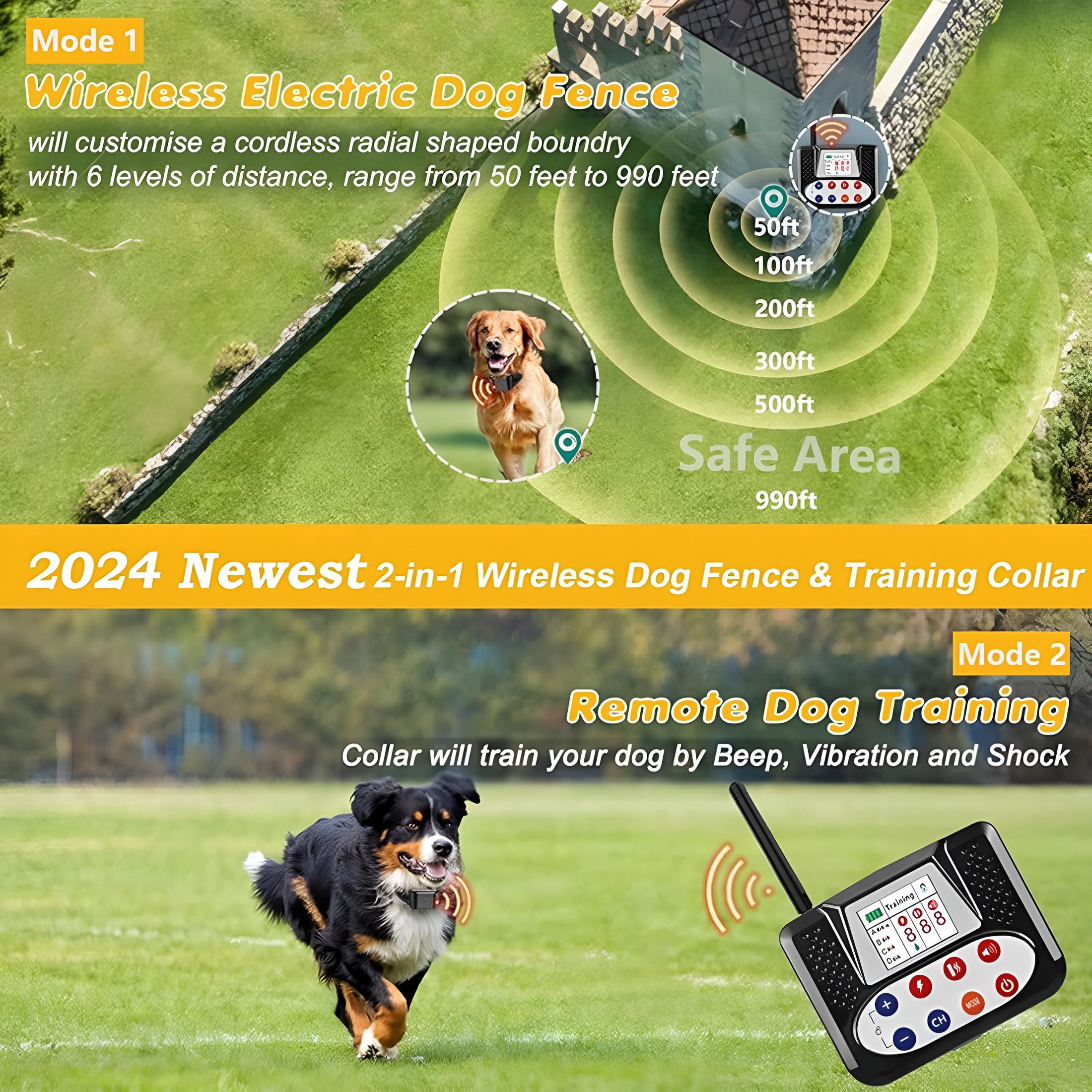 BESTSKY Wireless Dog Fence Dog Training Collar 2 in 1, Electric Pet Boundary Containment with Remote, Waterproof Receiver, Vibrate/Shock, Safe Effective, Stubborn Dog Fence System for Yard