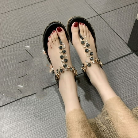 

Zpanxa Womens Sandals Thong Sandals T-Type Open Toe Rhinestone Flat Bottom Roman Sandals Shoes Wedge Sandals for Women Black 38