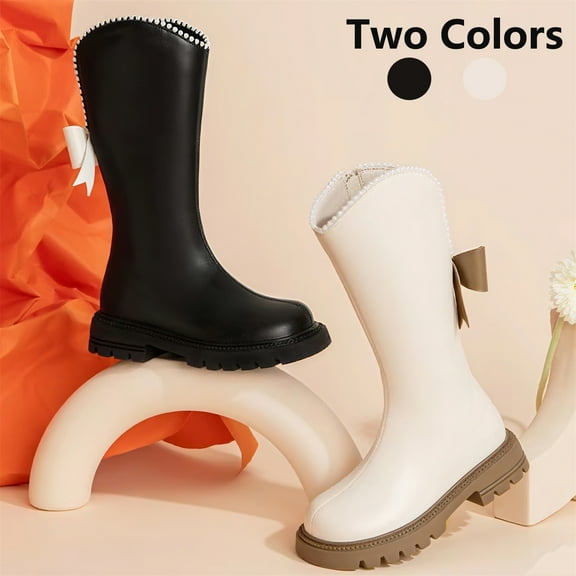 Miluxas Girls Knee High Boots Fashion Side Zipper Bow Tall Riding Boots Mid Calf Boots for Toddler/Little Kid/Big Kid Black 2.5(37)
