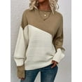thumbnail image 5 of Women'S Casual Color Block Sweater Crewneck Long Sleeve Ribbed Knit Pullover Top Khaki M, 5 of 8
