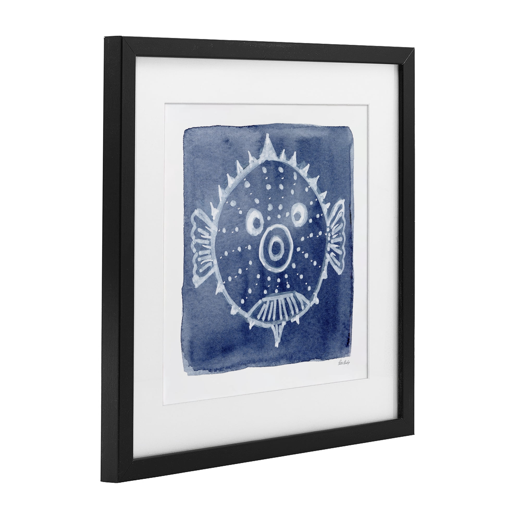 Stupell Industries White Blow Fish on Indigo Black Framed Print Under Glass, design by Patti Bishop