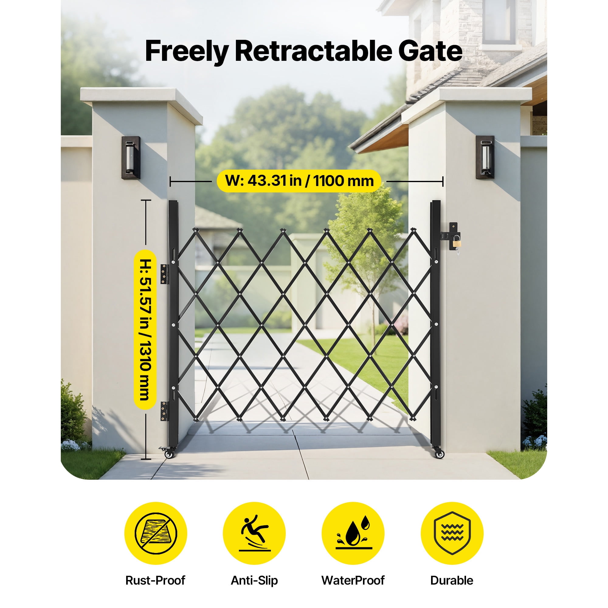 KFFKFF Single Folding Security Gate, Lockable Scissor Gate with Swivel Casters, Steel Retractable Gate for Entryways, Garages, Warehouses, and Pools, 43.31 x 51.57 in (W x H)