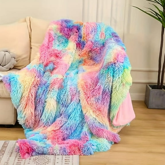 Rainbow Faux Fur Sherpa Fleece Weighted Throw Blanket, 63"x74"