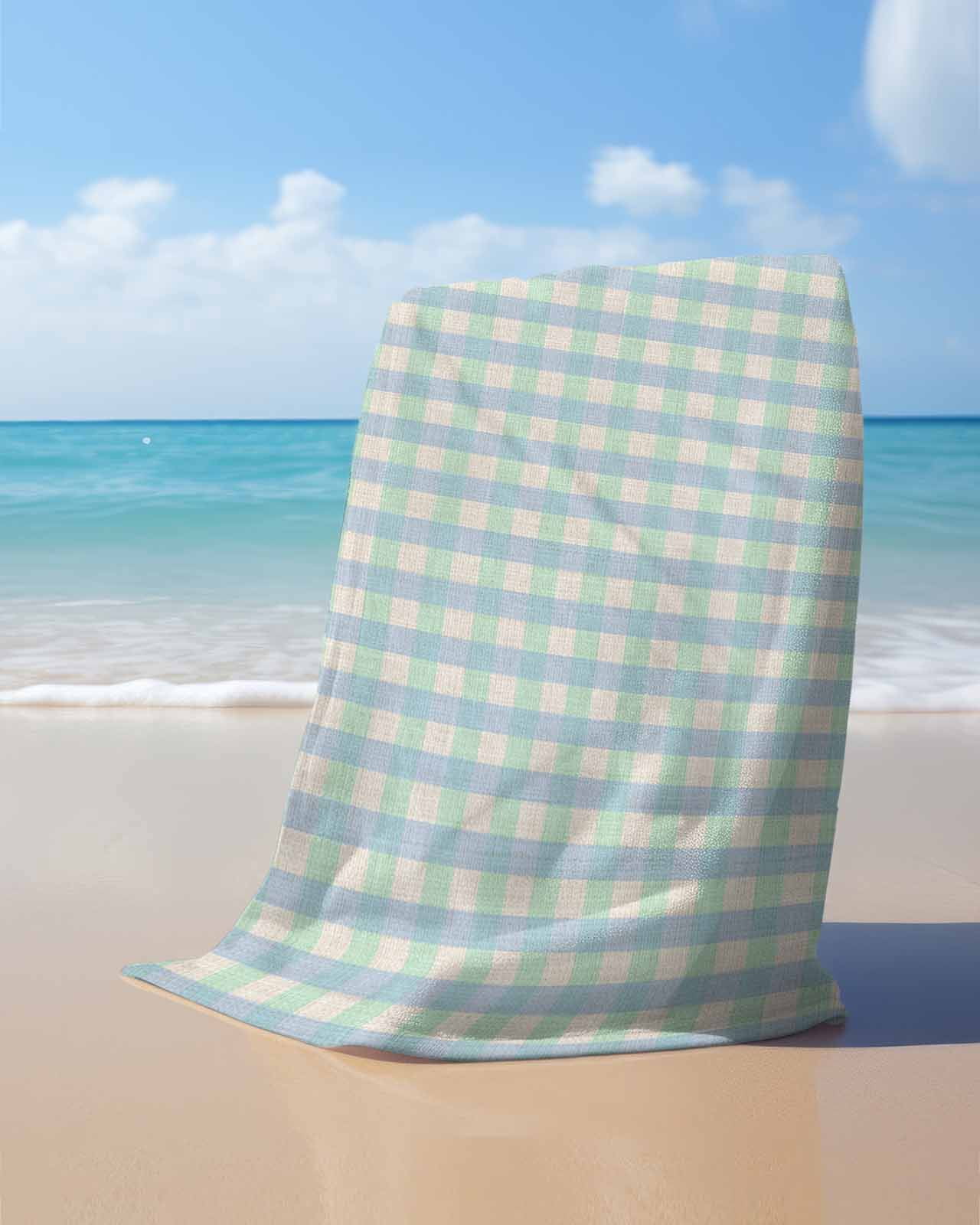 Blue Green Beach Towels Oversized Super Absorbent, Grid Checkered Plaid Gingham Lattice Trellis Lightweight Bath Towel Quick Dry Sets For Bathroom/Pool/Rv Camping/Beach Play/Gym Room/Picnic 31"x62"