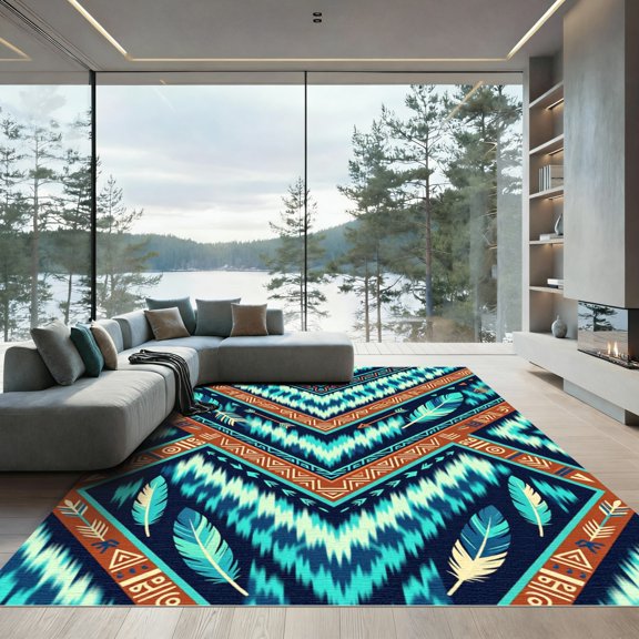 ODIKA 4' x 6' Machine Washable Non-Slip Area Rug, aztec geometric High Traffic Rug, Blue, 978457