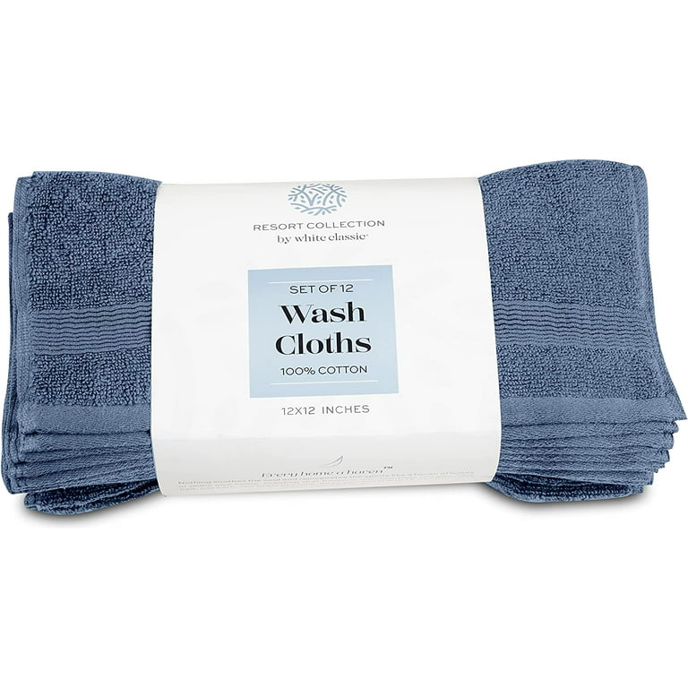 White Classic Resort Collection Soft Washcloth Face & Body Towel Set |  12x12 Luxury Hotel Plush & Absorbent Cotton Wash Clothes [12 Pack, Blue]