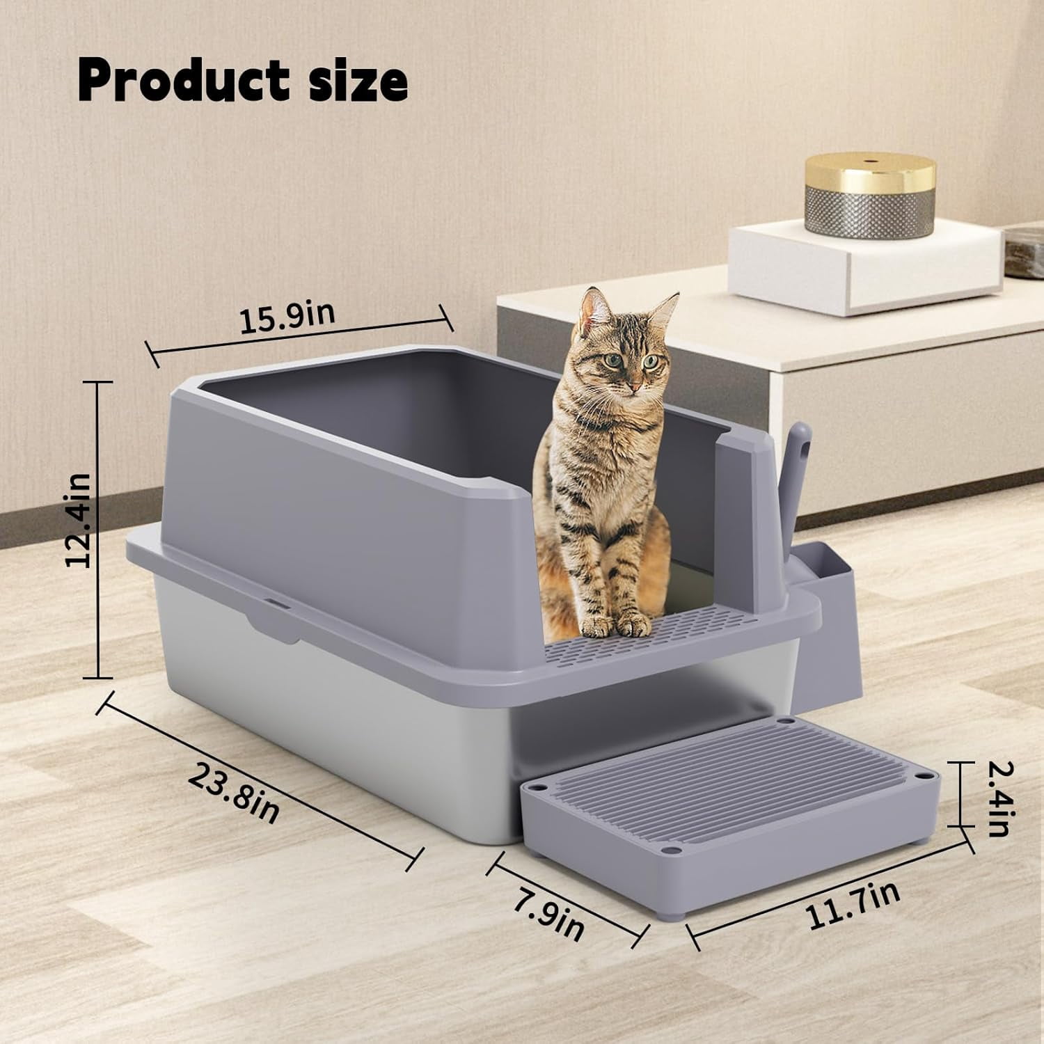 Open Cat Litter Box: Large Gray Stainless Steel Litter Pan 23.8" x 15.9" x 12.4" - High Sided Splash-Proof Easy Clean Toilet for Cats up to 20 lbs - Ideal for - Laundry Areas - Apartments