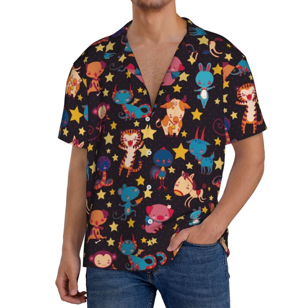 Balery Cute Animals Camisa Casual de Manga Corta con Botones para Hombre, Texturizada, Estilo Cubano, para Playa, Verano-3X-Large