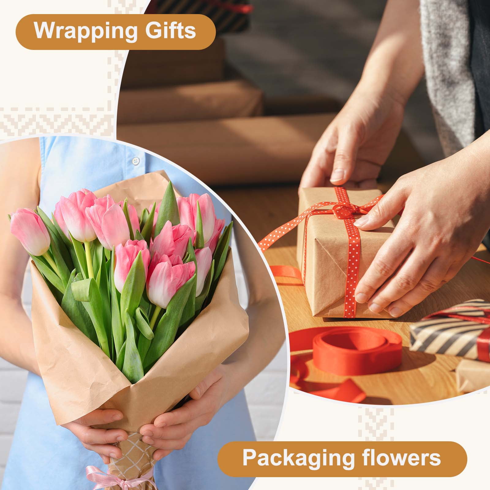 Uxcell Kraft Wrapping Paper Roll, 1181''x17.3'' Decorative Paper with Shrink Film for Gift Wrapping Bouquet Flower Bulletin Board Art Painting Craft Packaging Shipping, Dark Brown