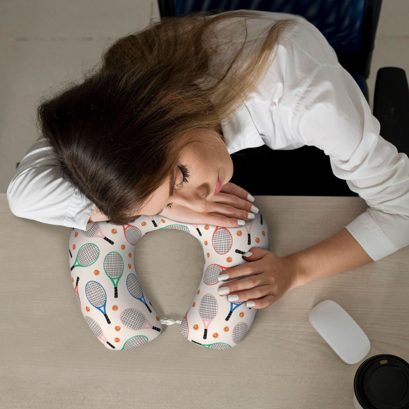 Xecao Cute Tennis Racket Print Memory Foam Cervical Neck Pillow Versatile U-Shaped Pillows for Home,Office,Camping,Travelling,Soft Washable Cover