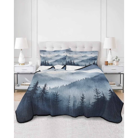Quilts King Size, Blue Mountain Peak Soft Comforter Bedding Set for Bed, Forest Tree Bird Fog Landscape Lightweight Quilted Bedspread with Pillow Cover(2 Pieces) for All Season, 96x106 Inch