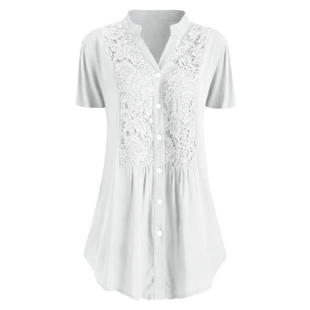 Moda Mujer Casual Tallas grandes Encaje Sólido Mangas cortas Cuello en V Camisa Blusa Tops Fridja gope411
