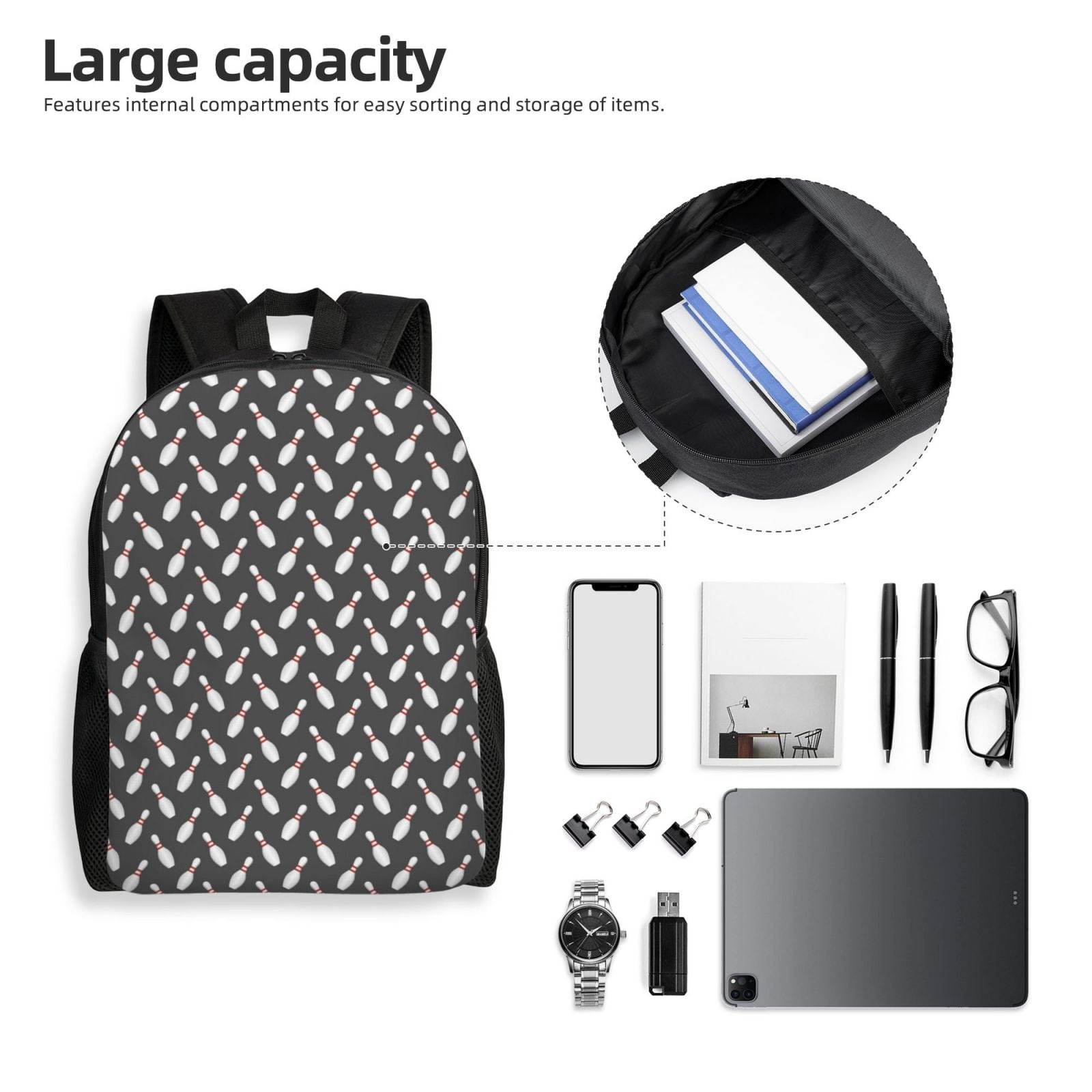 Defioc Bowling Pins Print Backpack -Travel,or Work Bookbag Daypacks with 15-Inch Laptop Sleeve and Dual Water Bottle Pockets