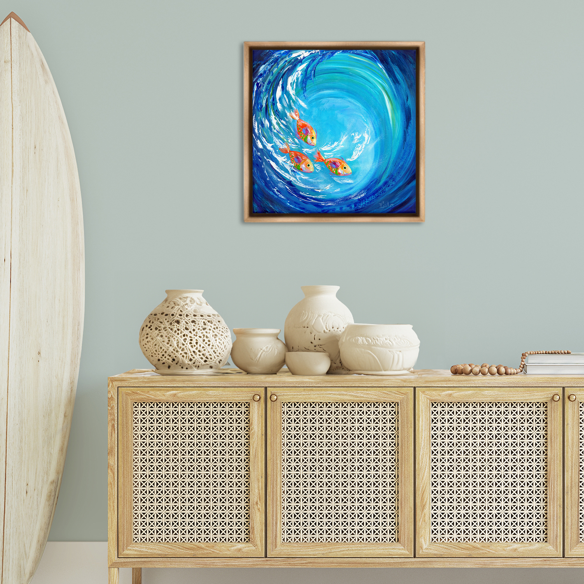 Stupell Industries Into The Blue Fish Landscape Painting Brown Floater Framed Art Print Wall Art, 25 x 25