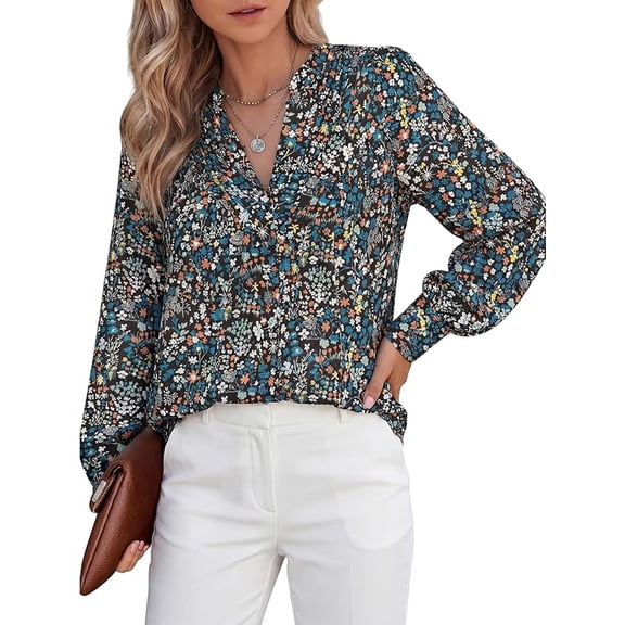 BTFBM Womens Tops Dressy Casual Spring Boho Floral V Neck Long Sleeve Half Button Down Shirt Work Business Blouses