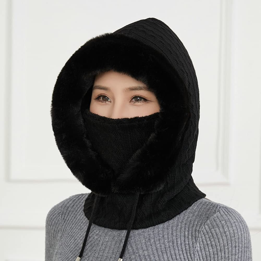 CoCopeaunts Women Winter Fleece Beanie Hat One-Piece Drawstring Knit Beanie Hats Scarf Mask Ski Snow Skull Hat Cap