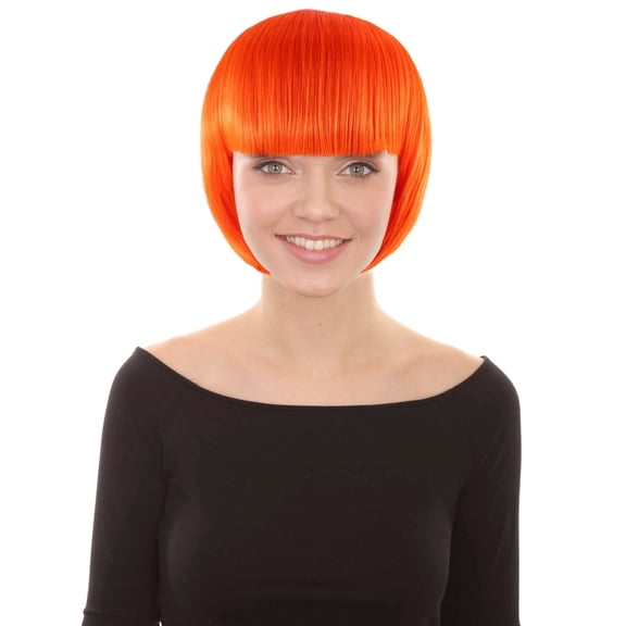 HPO Adult Women's Classic Neon Orange Rave Bob Wig With Bangs, Cosplay & Halloween