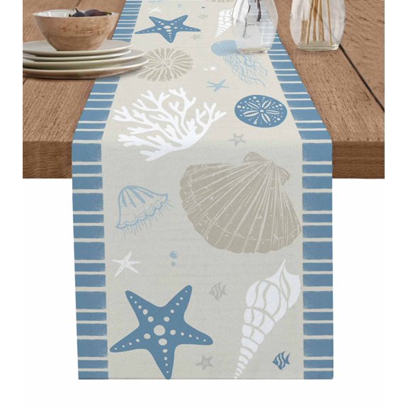 Ldtrchee Light Blue Coastal Table Runner 70 Inches, Vintage Ocean Nautical Starfish Coral Striped Bed Runner Dresser Scarves Tabletop for Indoor Outdoor Parties/Ceremony/Banquet, 13" x 70"