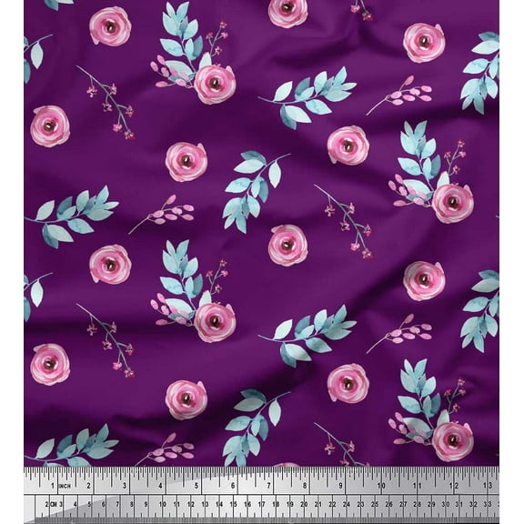 Soimoi Purple Cotton Duck Fabric Leaves & Ranunculus Floral Print Fabric by the Yard 42 Inch Wide