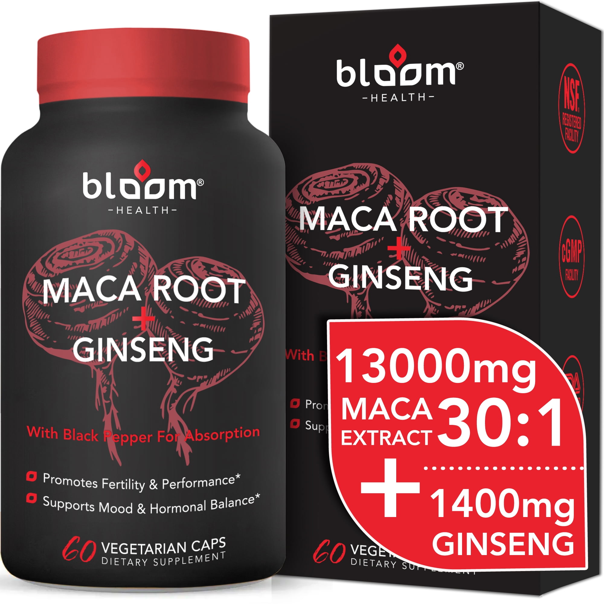 Bloom Health Maca Root + Ginseng Supplement 11400mg High Potency 60CT