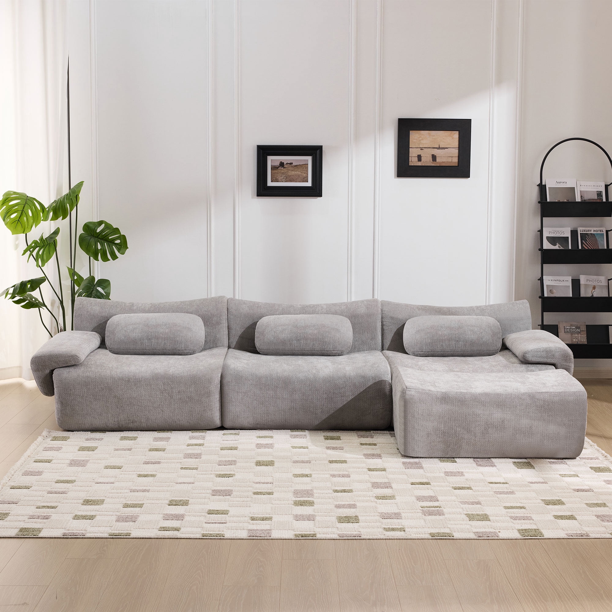 BSHTI 107.9" Chenille Sectional Sofa with 3 Pillows, Comfortable L Shaped Sofa with Premium Fabric and Modern Design for Living Room（Black）
