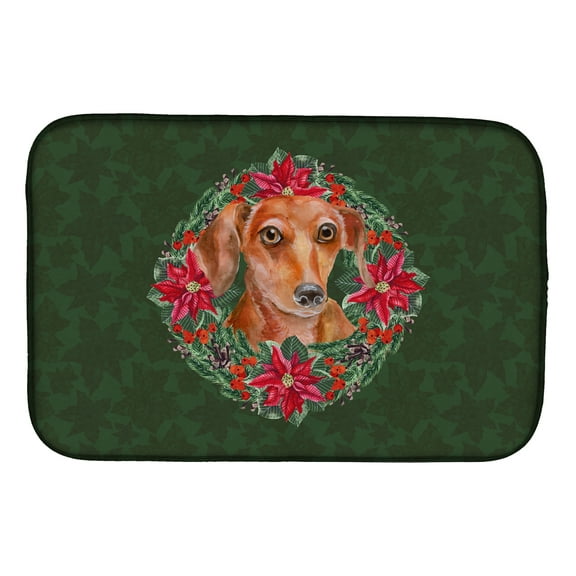 Red Dachshund Poinsetta Wreath Dish Drying Mat